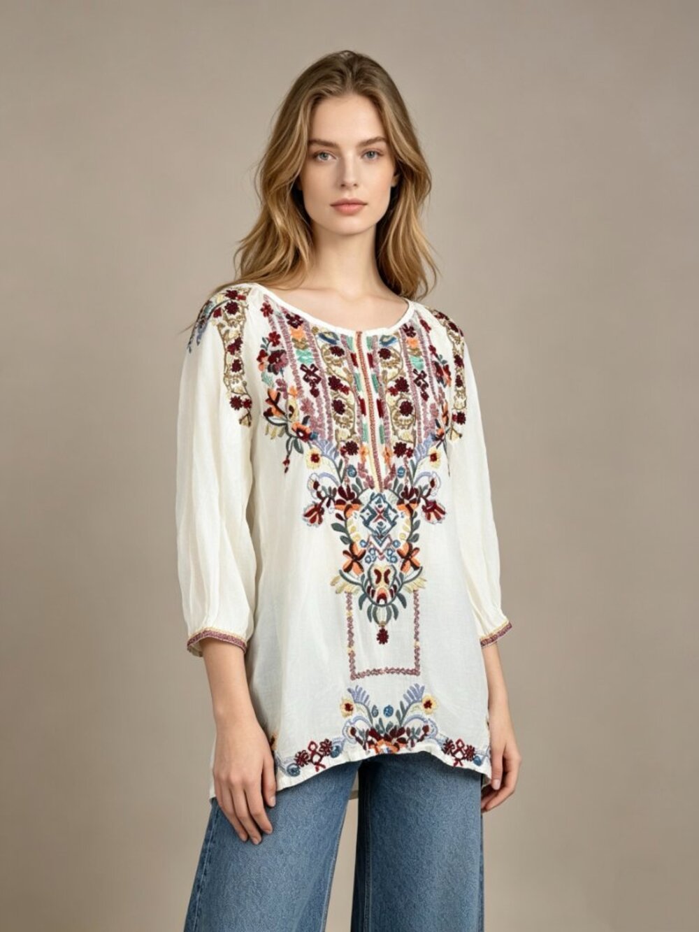 NWOT Johnny Was Embroidered Floral Long sleeve Top Shirt Blouse S Cupra Rayon